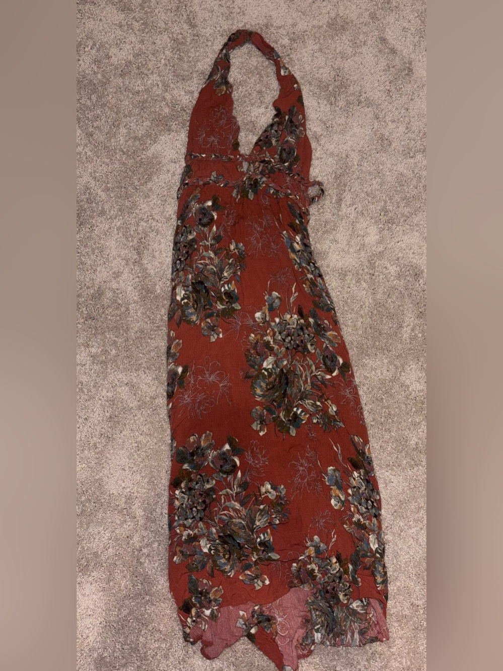 American Threads Terracotta Rust Floral Halter Braided Maxi Dress M